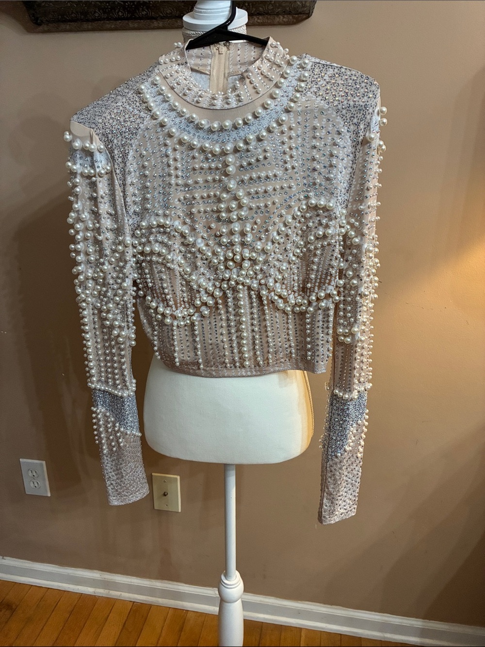 Fashion Nova Pearl & Rhinestone Embellished Long-Sleeve Crop Top - White
